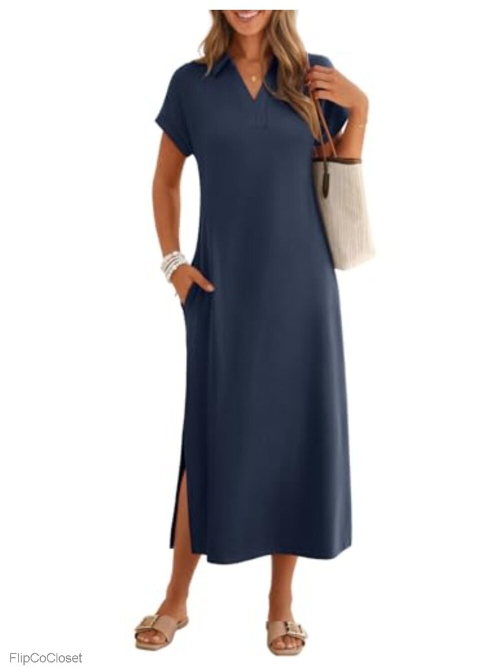 Women's Casual V Neck Collared Short Sleeve Maxi Dress with Pockets